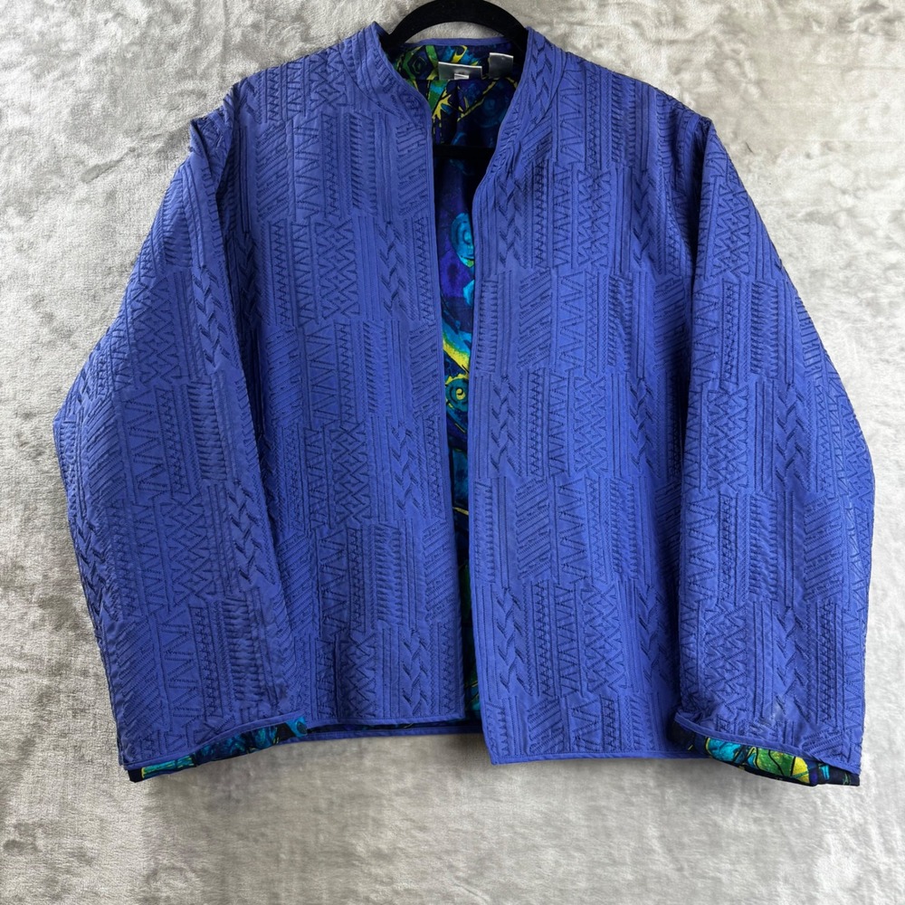 Chico's Jacket Women 3 Blue Silk Embroidered Open Front Abstract Liner (1756)